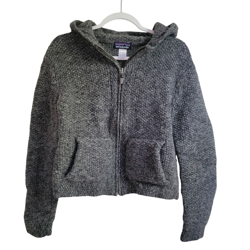 Patagonia 100% Lambswool Gray Full Zip Hooded Chunky Knit Cropped Jacket Large W